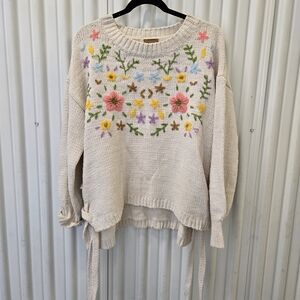 POL Cream Crewneck Sweater with Pink, Yellow, Purple & Blue Floral Embroidery